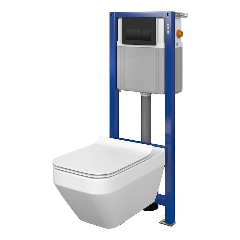 Set B362 Aqua 22 MECH, Wandcloset CREA Square CleanOn, Slim Duroplast Toiletzitting, Bedieningsknop PRESTO Zwart Mat S701-495