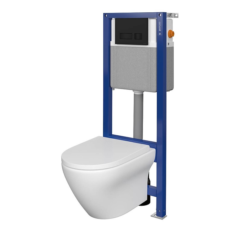 Set B370 Aqua 22 MECH, Wandcloset LARGA Ovaal CleanOn, Slim Wrap Duroplast Toiletzitting, Bedieningsknop MOVI Zwart Mat S701-501