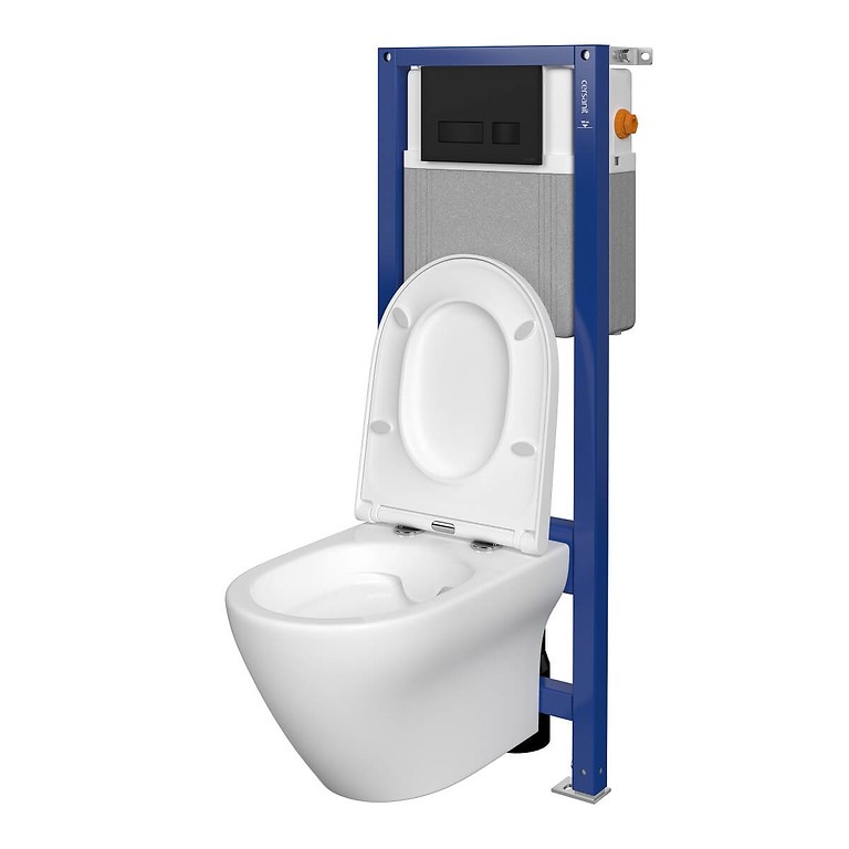 Set B370 Aqua 22 MECH, Wall Hung Bowl LARGA Oval CeanOn, Slim Wrap Duroplast Toilet Seat, Button MOVI Black Matt S701-501