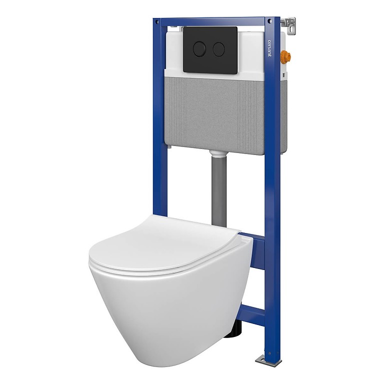 Set B398 Aqua 52 PNEU S QF, Wandcloset CITY Oval CleanOn, Slim Duroplast Toiletzitting, Bedieningsknop ACCENTO Circle Zwart Mat S701-519