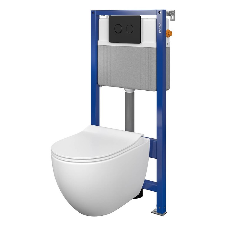 Set B402 AQUA 52 PNEU S QF, Wall Hung Bowl ZEN by Cersanit CleanOn, Slim Duroplast Toilet Seat, Button ACCENTO Circle Black Matt S701-523