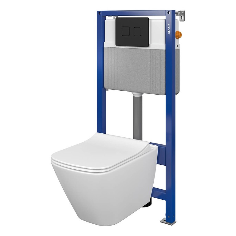 Set B408 Aqua 52 PNEU S QF, Wall Hung Bowl VIRGO CeanOn, Slim Duroplast Toilet Seat, Button ACCENTO Square Black Matt S701-529