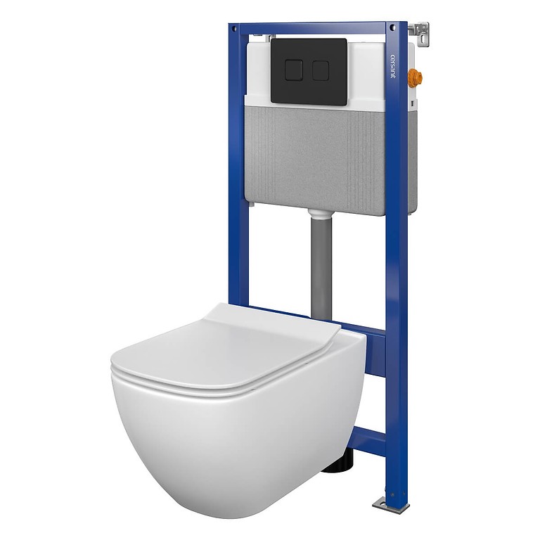 Set B408 Aqua 52 PNEU S QF, Wall Hung Bowl VIRGO CeanOn, Slim Duroplast Toilet Seat, Button ACCENTO Square Black Matt S701-529