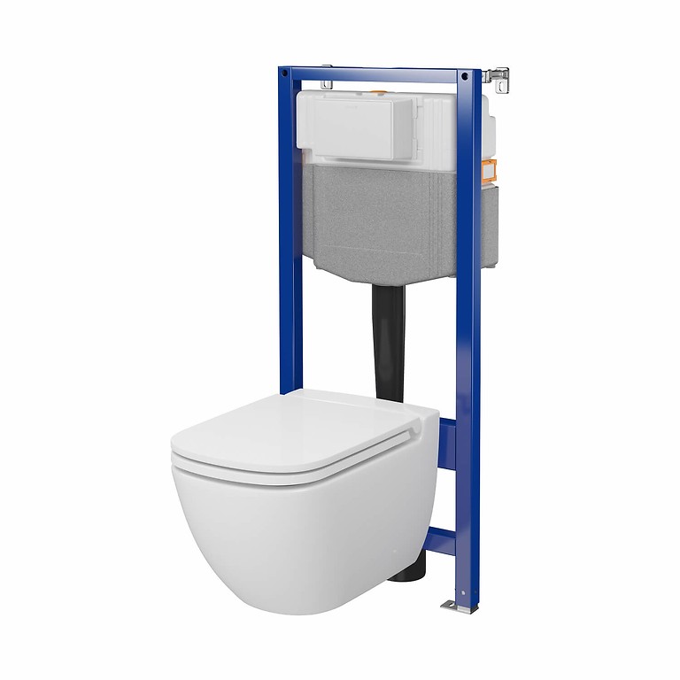 SET C25: AQUA 50 PNEU QF WC frame + CASPIA CleanOn wall hung bowl with toilet seat S701-804