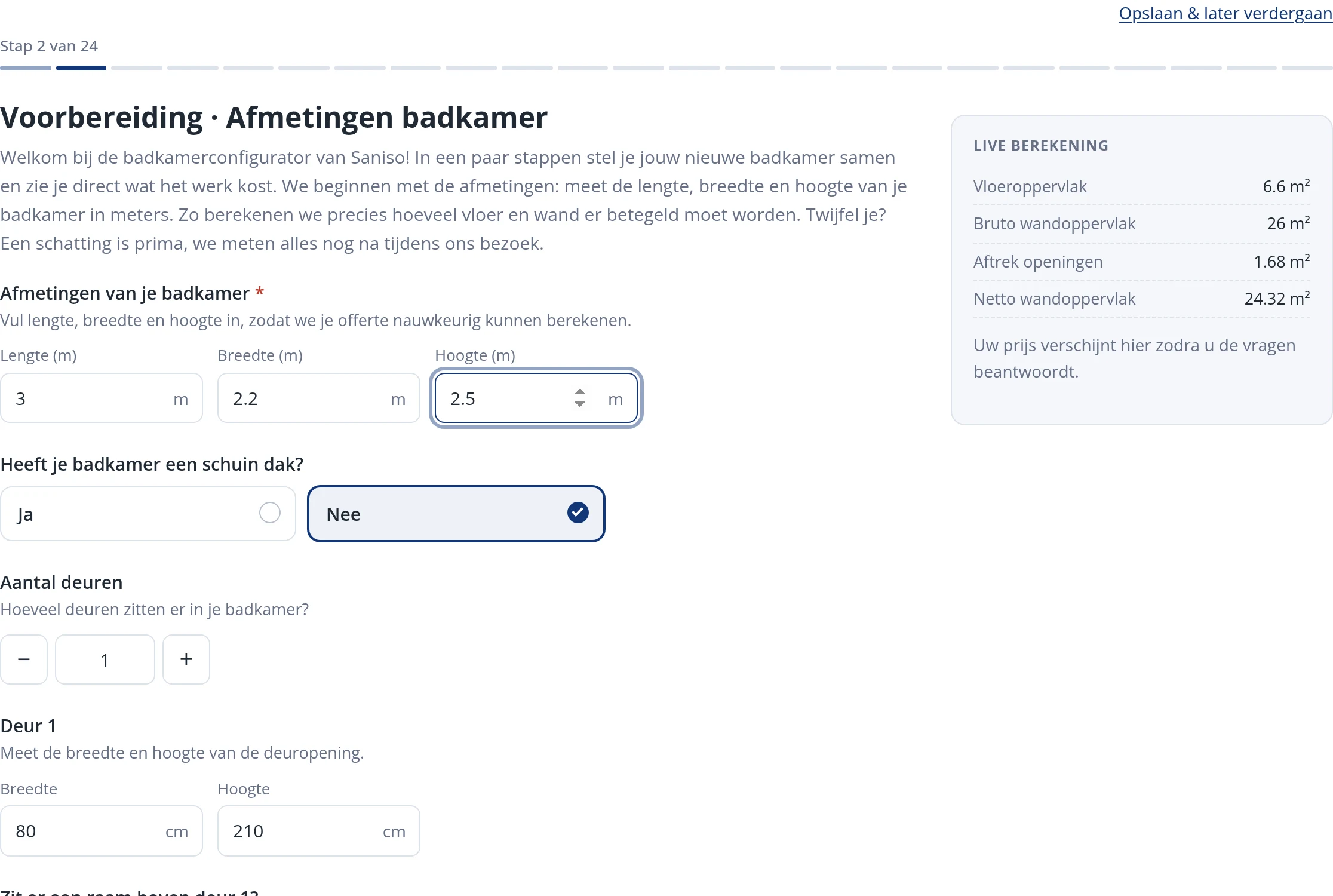 De stap Afmetingen badkamer in de Saniso badkamerconfigurator met invoervelden voor lengte, breedte en hoogte en een live berekening
