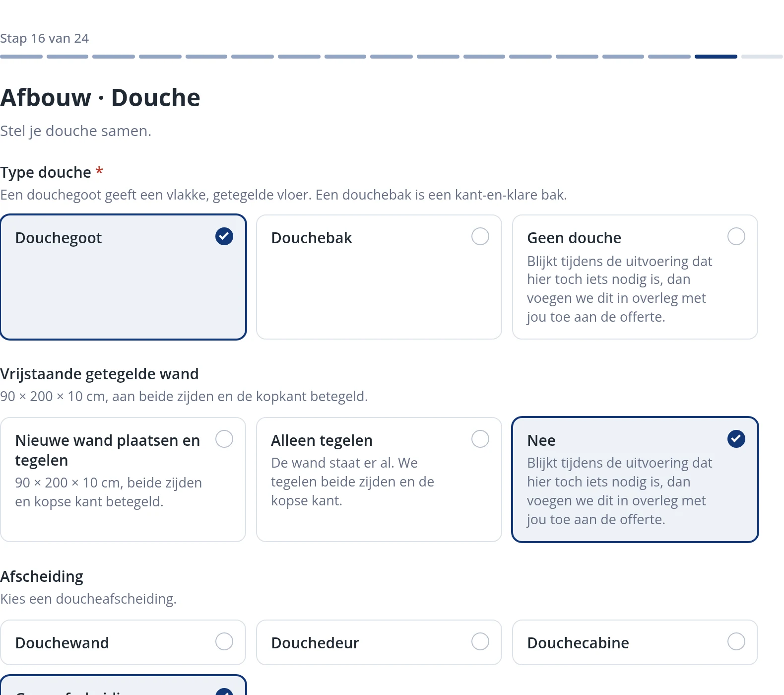 De stap Afbouw Douche in de Saniso badkamerconfigurator met de keuze tussen douchegoot en douchebak