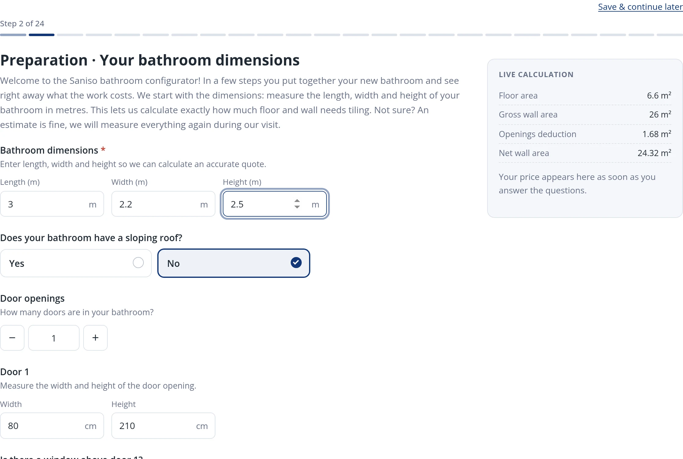 The Bathroom dimensions step in the Saniso bathroom configurator, with fields for length, width and height and a live calculation