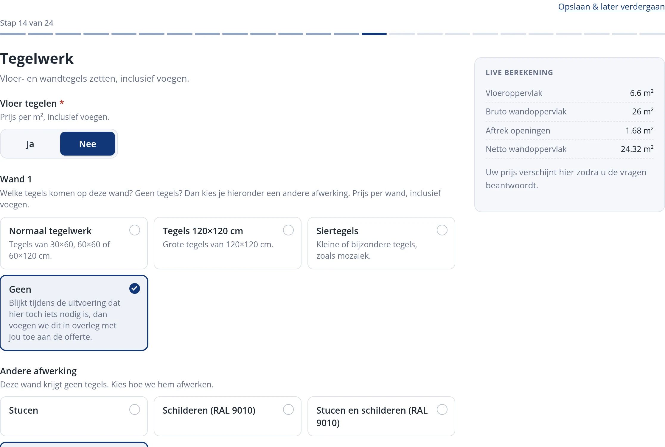 De stap Tegelwerk in de Saniso badkamerconfigurator met keuzes per wand en een voortgangsbalk