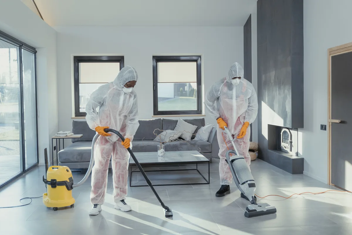 Two people in disposable coveralls with face masks and gloves vacuuming a tiled floor