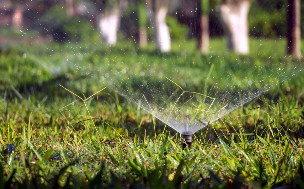 A small sprinkler in the grass spraying a wide fan of water over the lawn