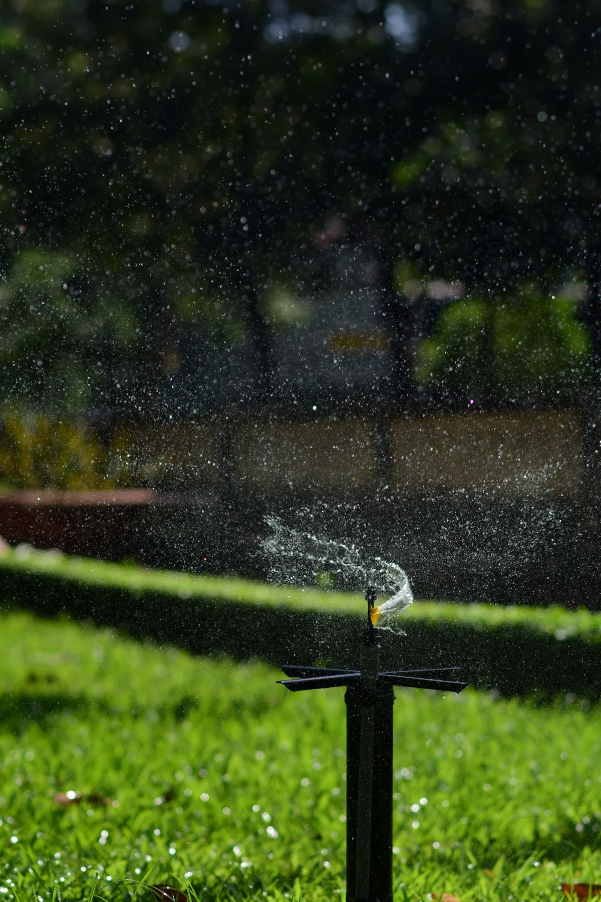 A garden sprinkler on a stand sprays water over a green lawn