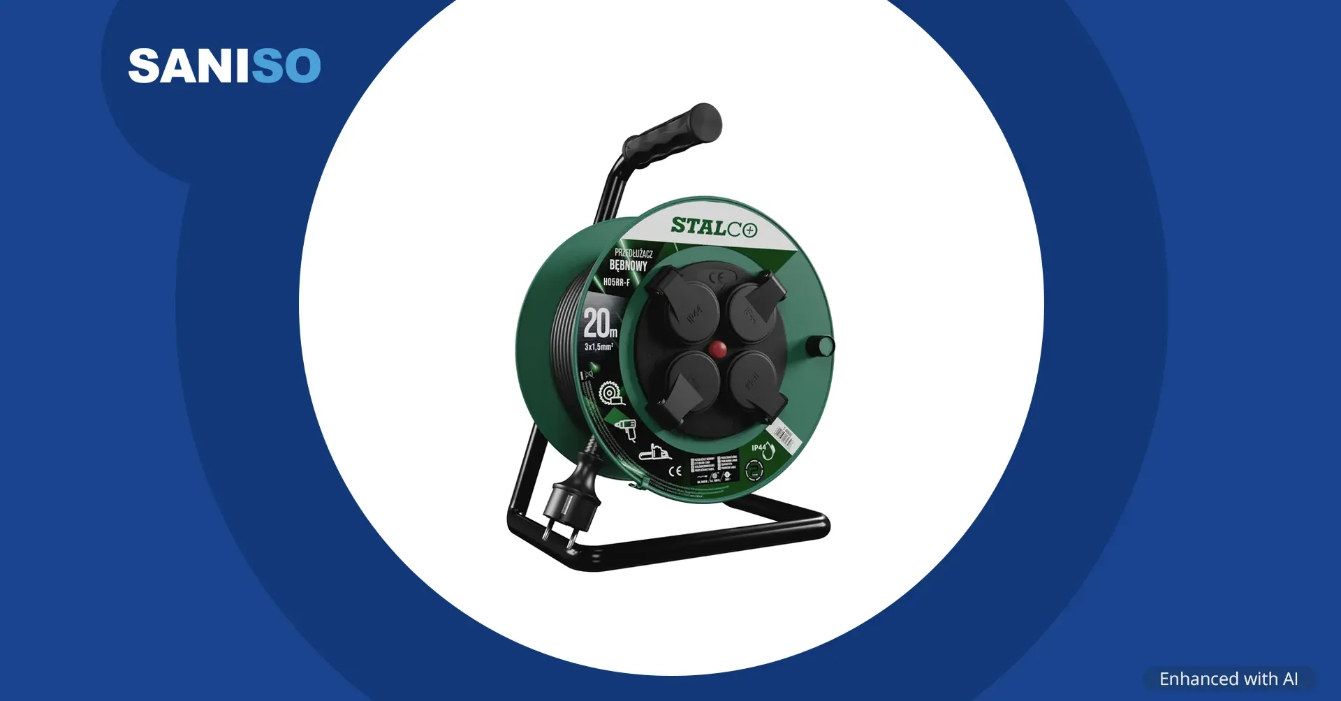STALCO kabelhaspel, 20 m, IP44, H05RR-F 3 × 1,5 mm², 16 A / 3680 W (S-46600)