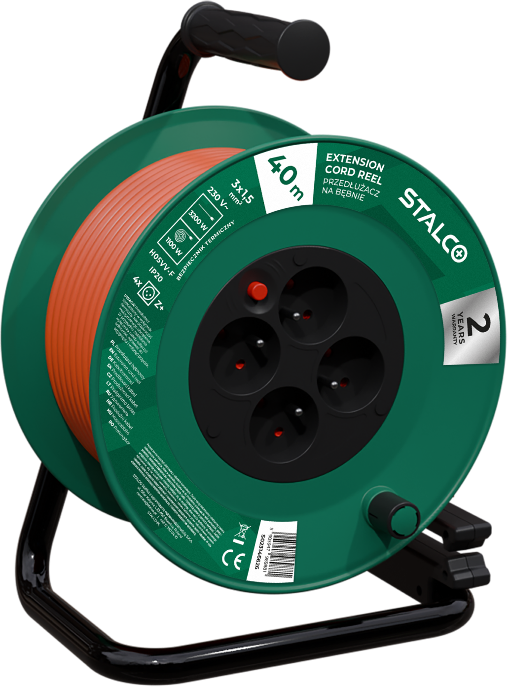 Extension cord on a reel, 4 sockets +Z, H05VV-F cable, 3x1.5mm2, 16A, orange, IP20, 40 m, STALCO S023146626