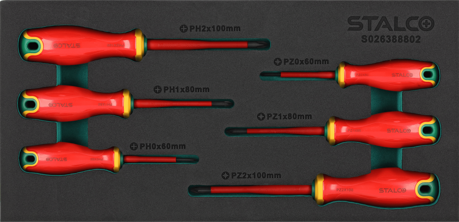 Electrical screwdrivers SL/TORX, 7-piece set, S2 steel, 1000V, EVA insert, STALCO S026388801
