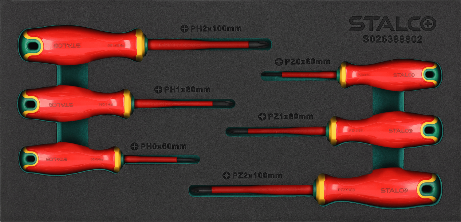 Elektrische schroevendraaierset PH/PZ, 6-delig, S2-staal, 1000 V, EVA-inzetstuk, STALCO S026388802