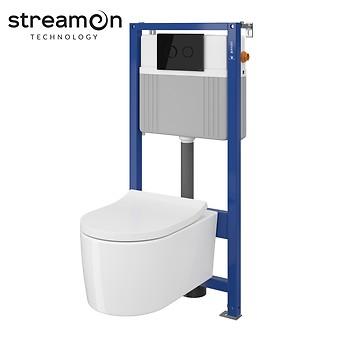 Set B230 Aqua 52 PNEU S QF, Wandcloset INVERTO StreamOn, Slim Wrap Duroplast Toiletzitting, Bedieningsknop ACCENTO Circle Zwart Glas S701-424