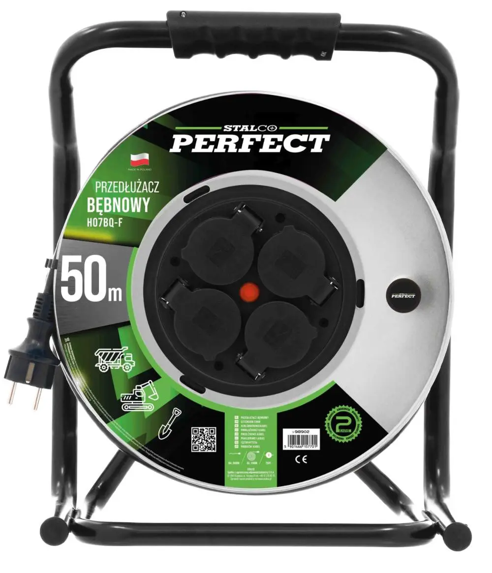 Heavy Duty Extension Reel HEAVY LINE 40 m, IP-44 4x2p+E, 16A, 3680W, 3x2.5 mm H05RR-F BLACK STALCO PERFECT S-75702
