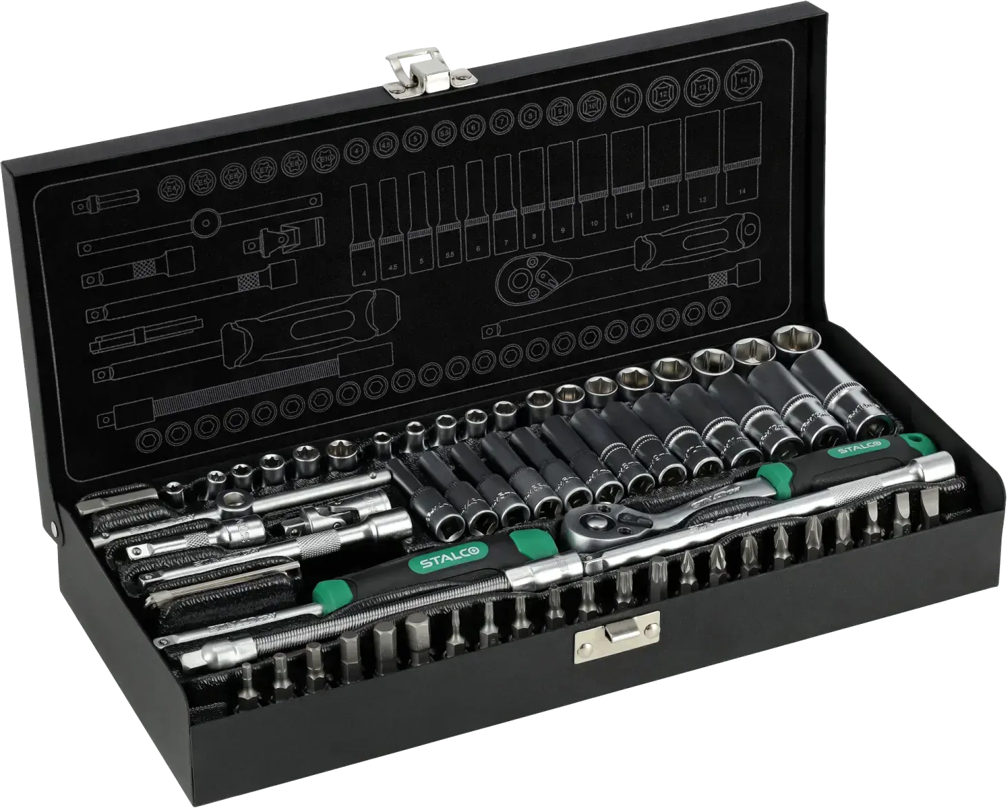 Socket wrench set metal case 67 pcs 1/4 STALCO S-54016