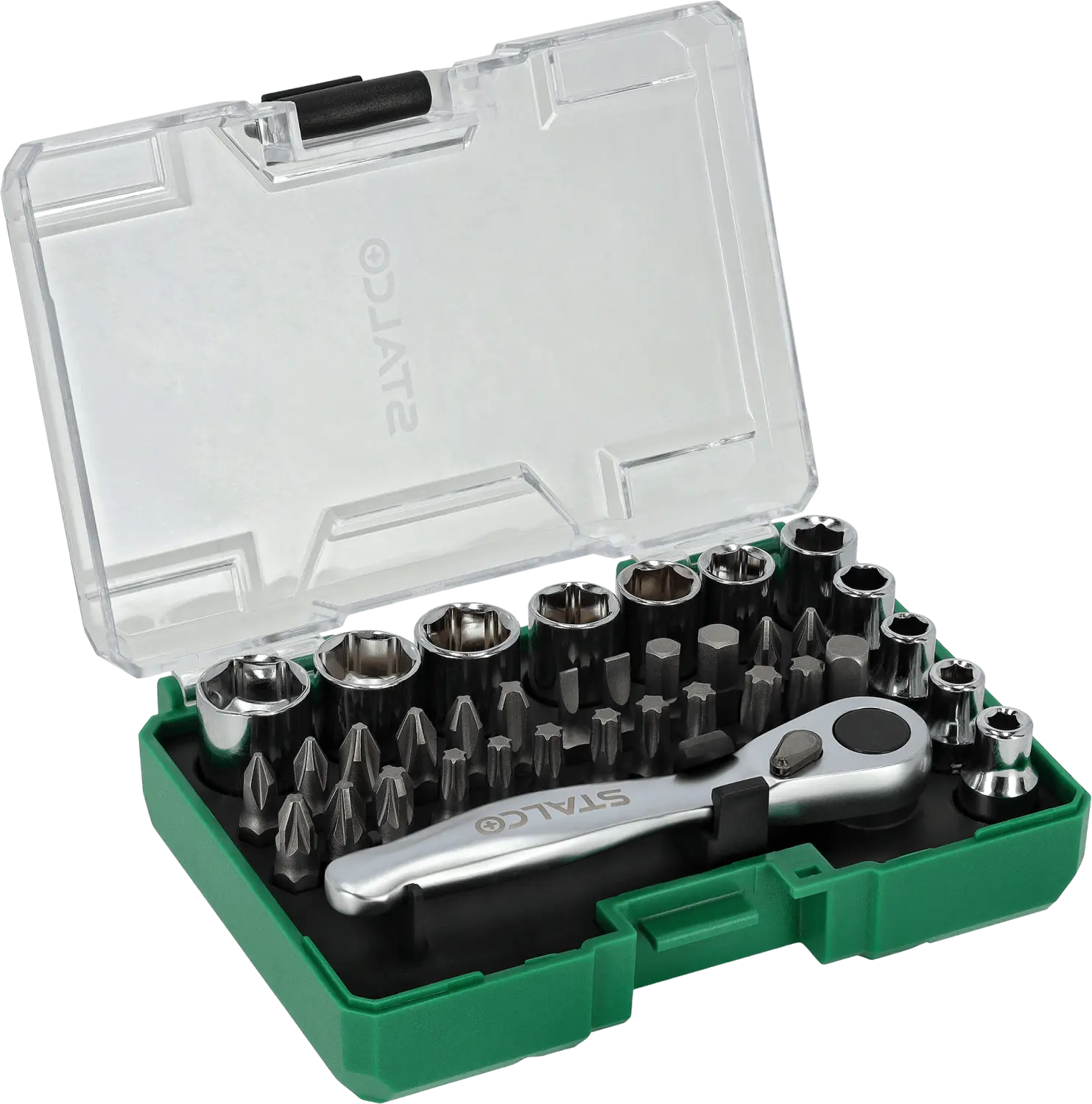 S2 steel bit set, CrV sockets, ratchet for bits/sockets 36 pcs STALCO S060000036 STALCO S060000036