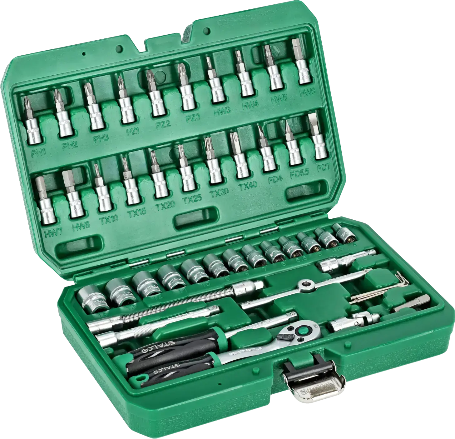 Socket wrench set 1/4 inch BMC case 48 pcs ratchet 90T STALCO S011100048