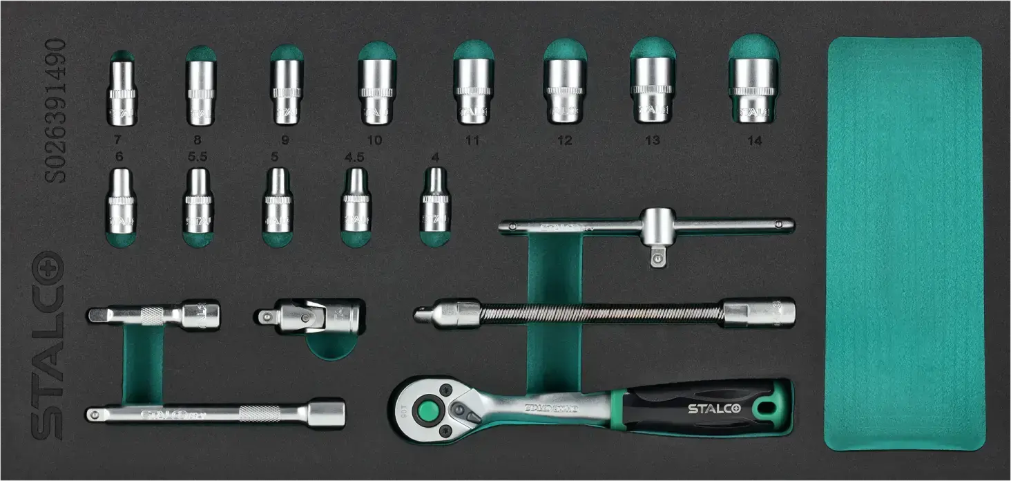 Socket wrench set 1/4 inch 4-14 mm 19 pcs 90T CrV EVA insert STALCO S026391490