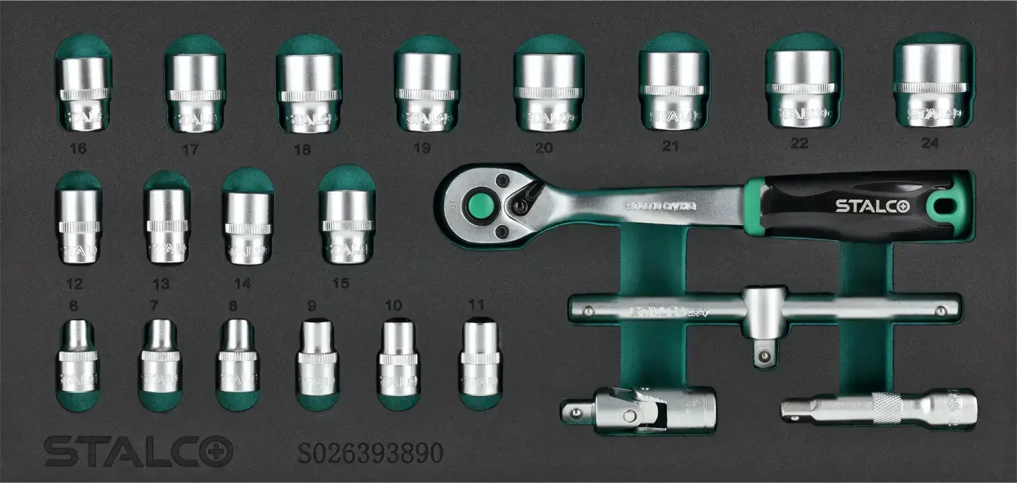 Socket wrench set 3/8 inch 6-24 mm 22 pcs 90T CrV EVA insert STALCO S026393890