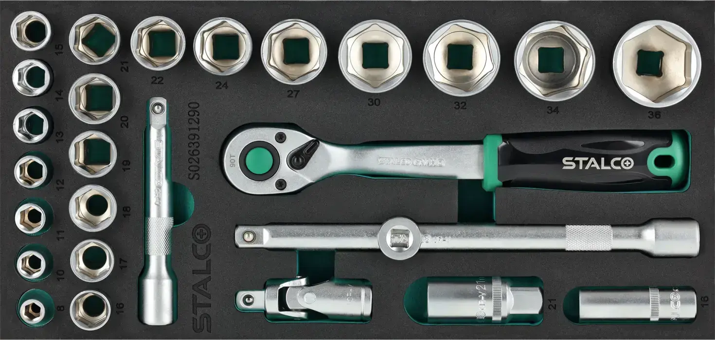 Socket wrench set 1/2 inch 8-36 mm 27 pcs 90T CrV EVA insert STALCO S026391290