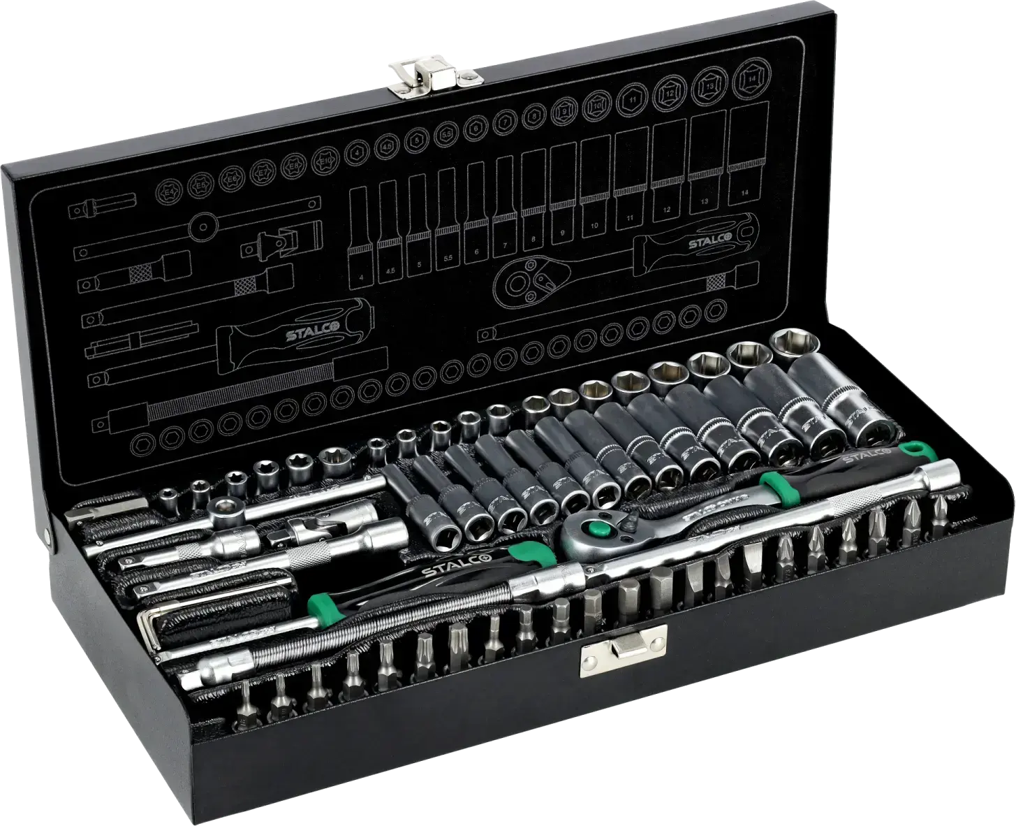 Socket wrench set metal case 67 pcs 1/4 inch ratchet 90 teeth STALCO S011100067