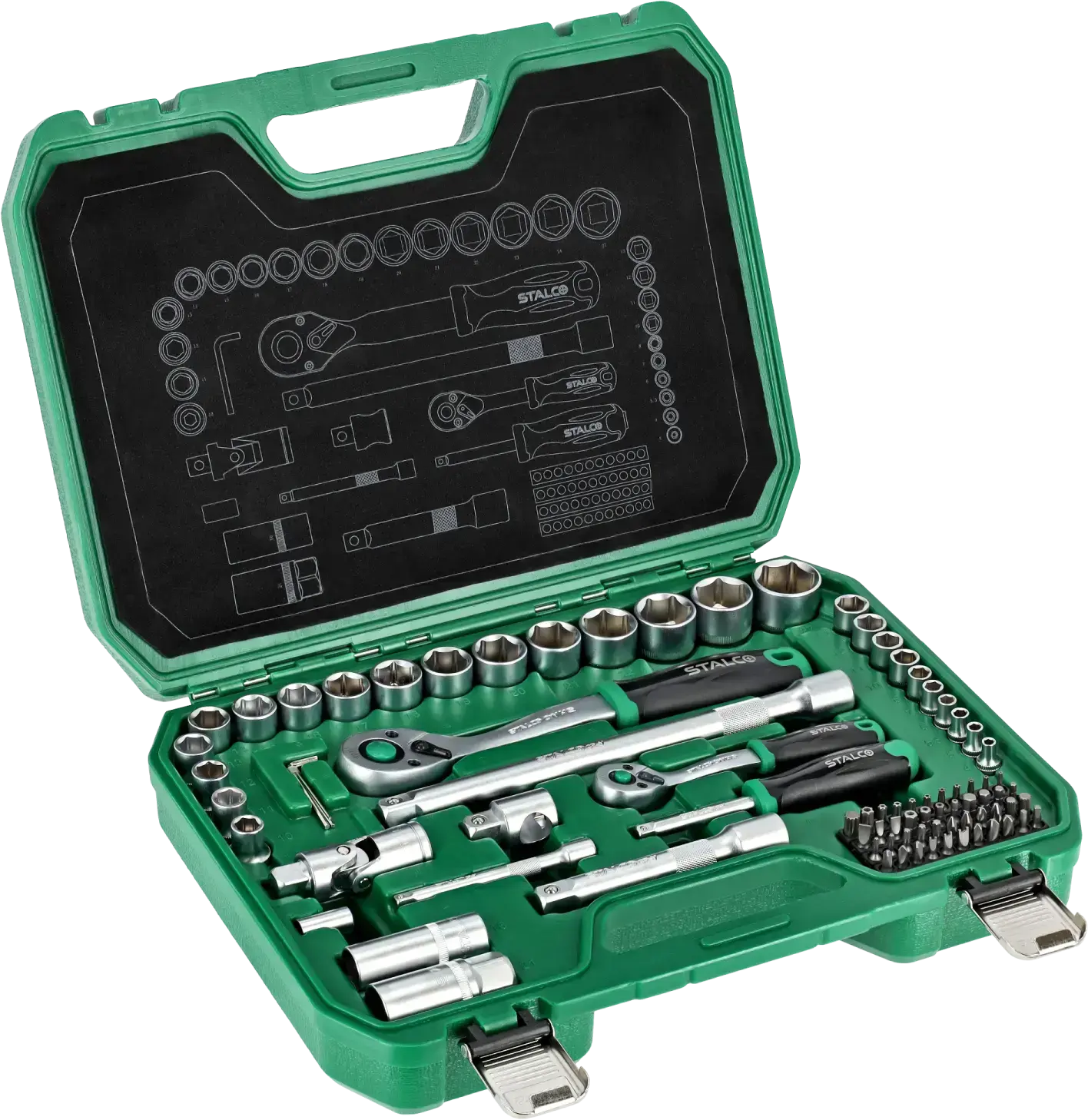 Socket wrench set BMC case 84 pcs 1/2 inch 1/4 inch ratchet 90 teeth STALCO S011100084