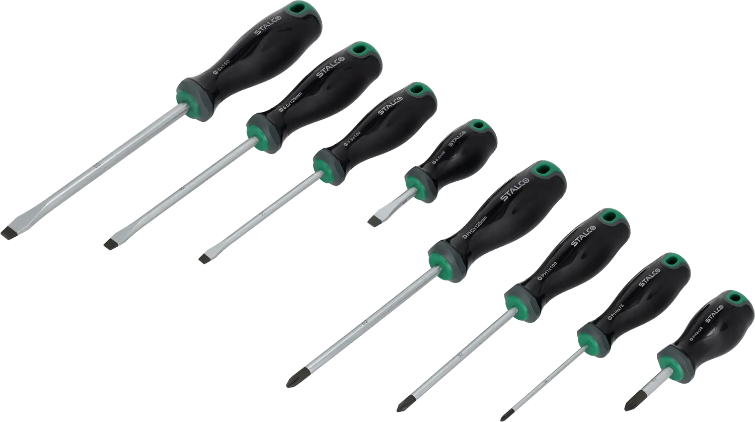 8 pcs Screwdriver Set S2 SL: 5.5, 2x6.5, 8 mm, PH0x75, PH1x100, PH2x38, PH2x125 mm STALCO S010812100 STALCO S010812100