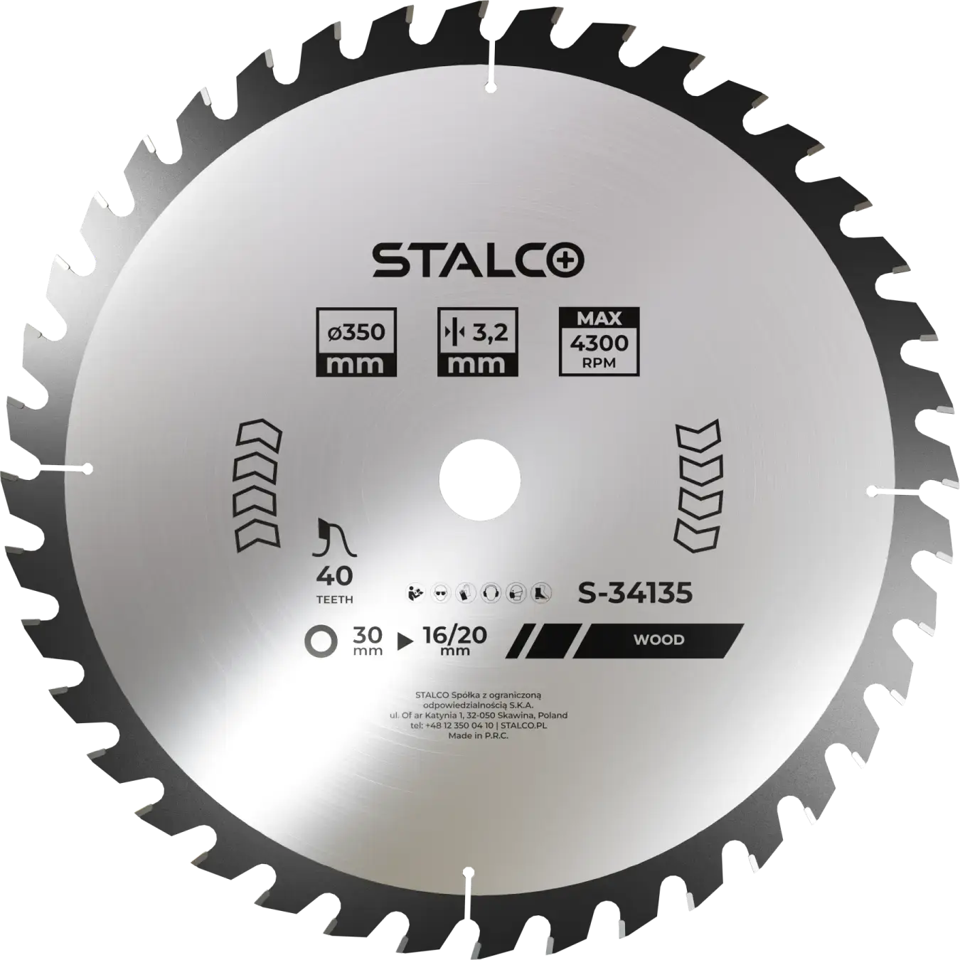Houten cirkelzaagblad ø160x20x2,4 mm, 36 tanden, reductie ø16 mm, max 9500 rpm STALCO S-34216