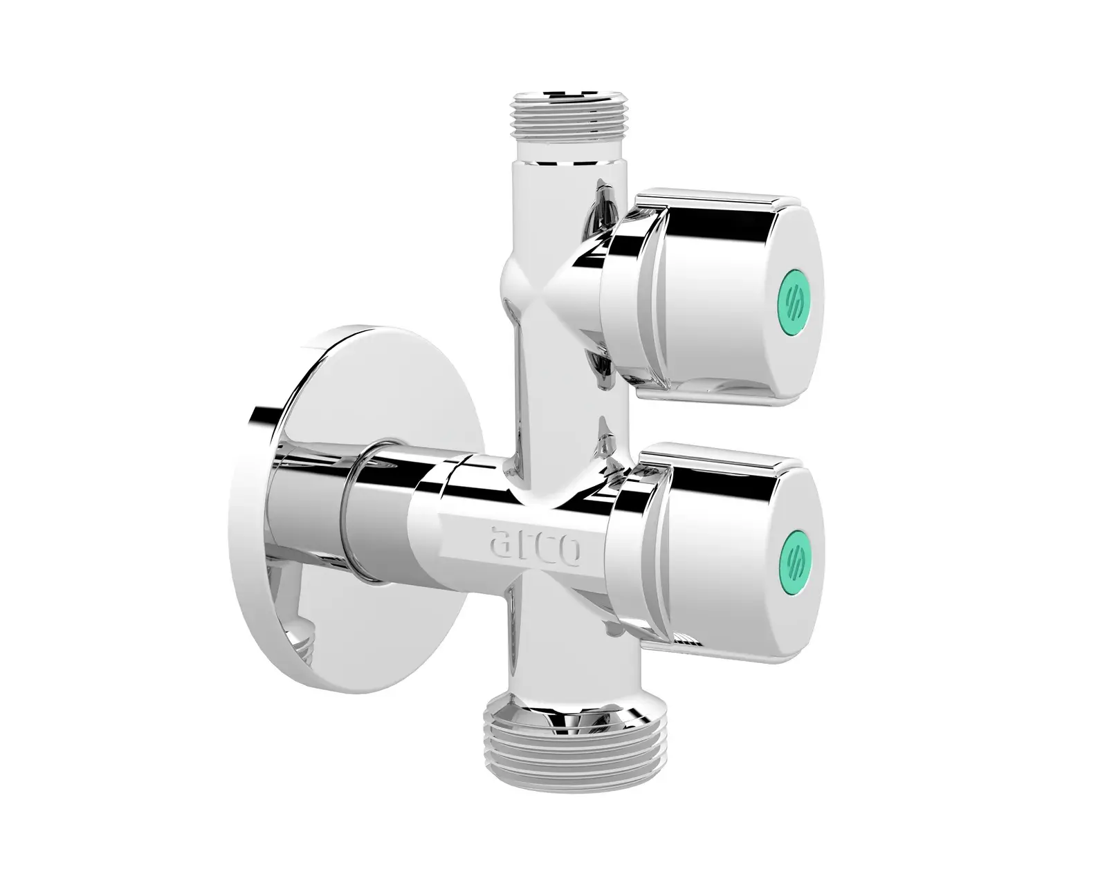 Polished chrome double washing machine valve with check valve Combi 1/2" M x 3/4" M x 3/8" M COMB7MAC