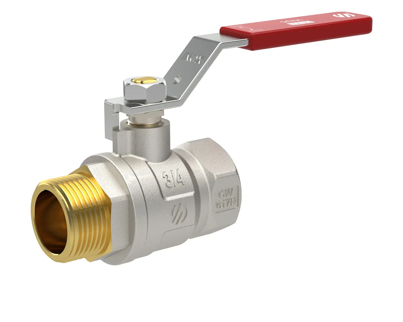Ball valve with red lever handle Sena Ni-Free 3/8" M x 3/8" F 750602