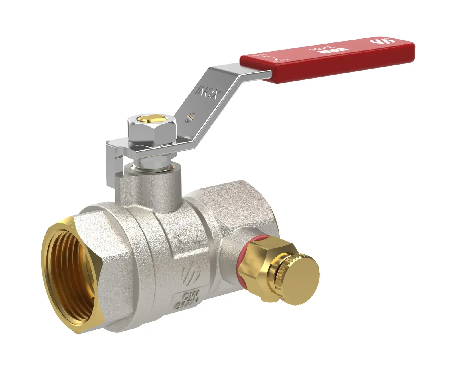 Ball valve with drainer and red lever handle Sena Ni-Free 1/2" F x 1/2" F 752103