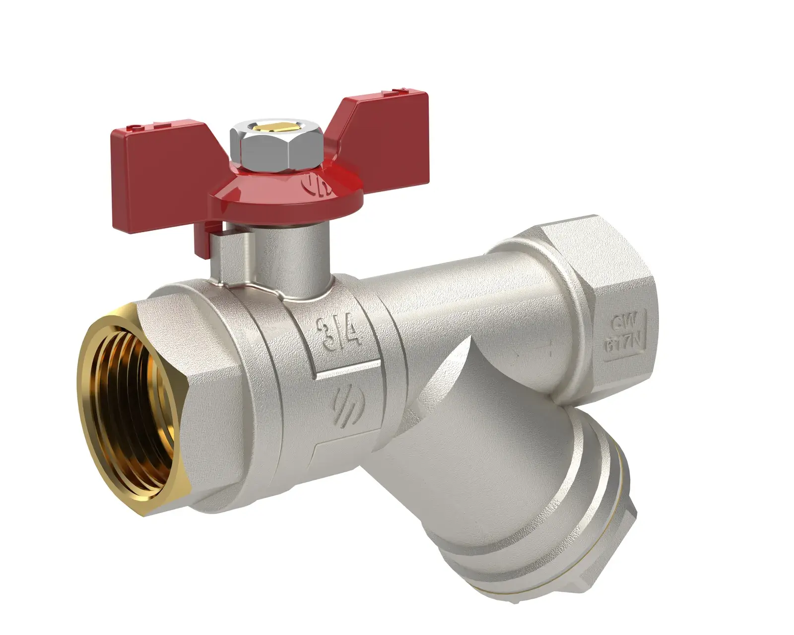 Ball valve with filter and red butterfly handle Sena Ni-Free 1" F x 1" F 752505