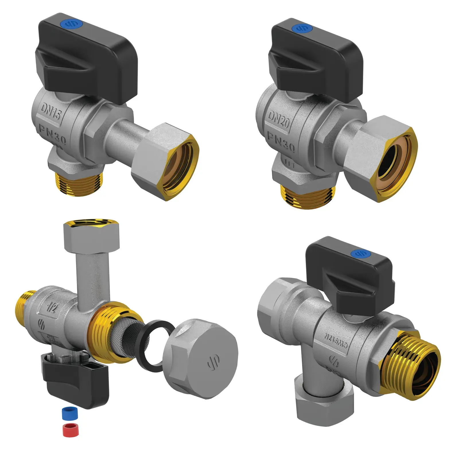 Angle valve kit with 2 filters Sena 1/2" M x 3/4" M x 1/2" loose nut x 3/4" loose nut KVC01