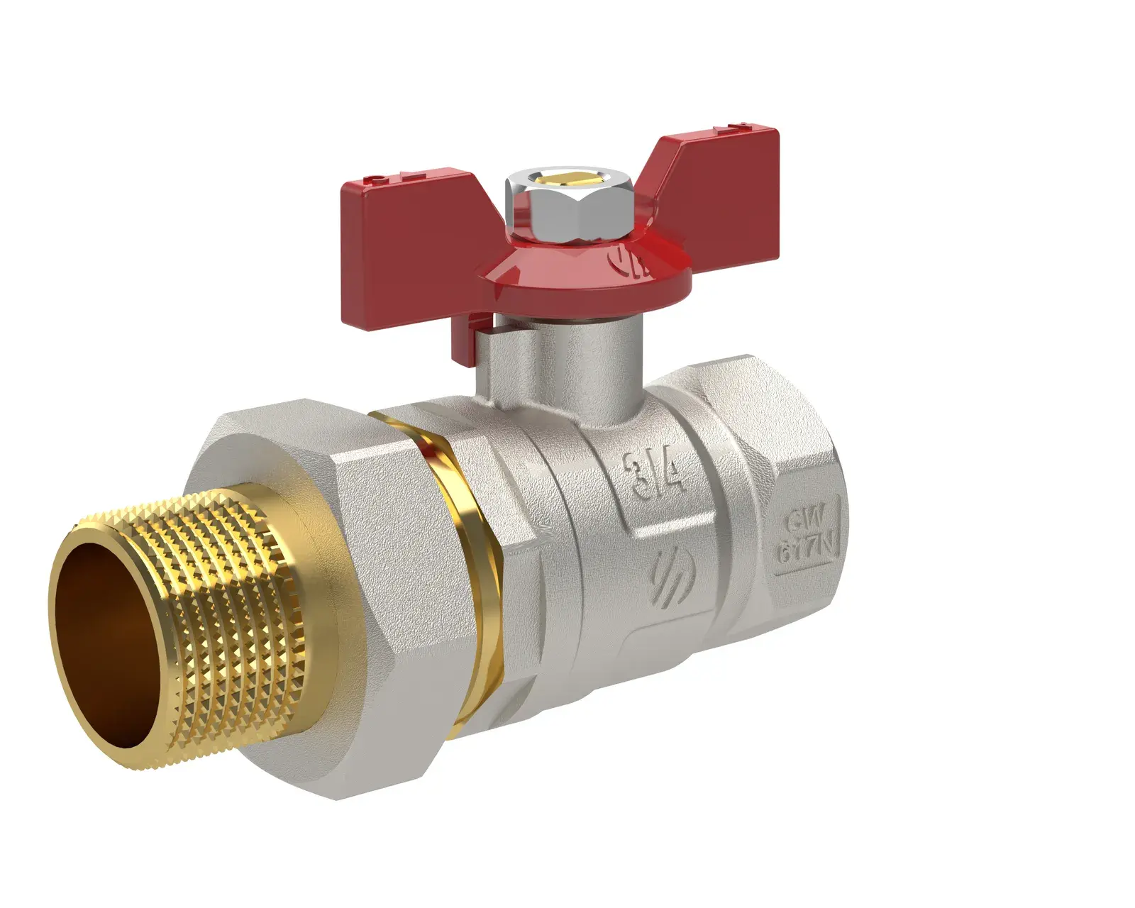 Straight manifold ball valve with red butterfly handle Sena Ni-Free 1 1/4" F x 1 1/4" M 754106