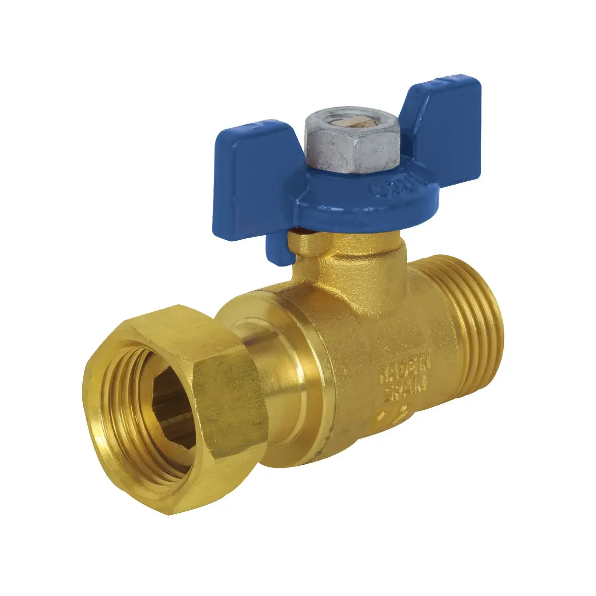 Brass-finish mini ball valve with blue butterfly handle 1/2" M x 1/2" loose nut 02290AZ