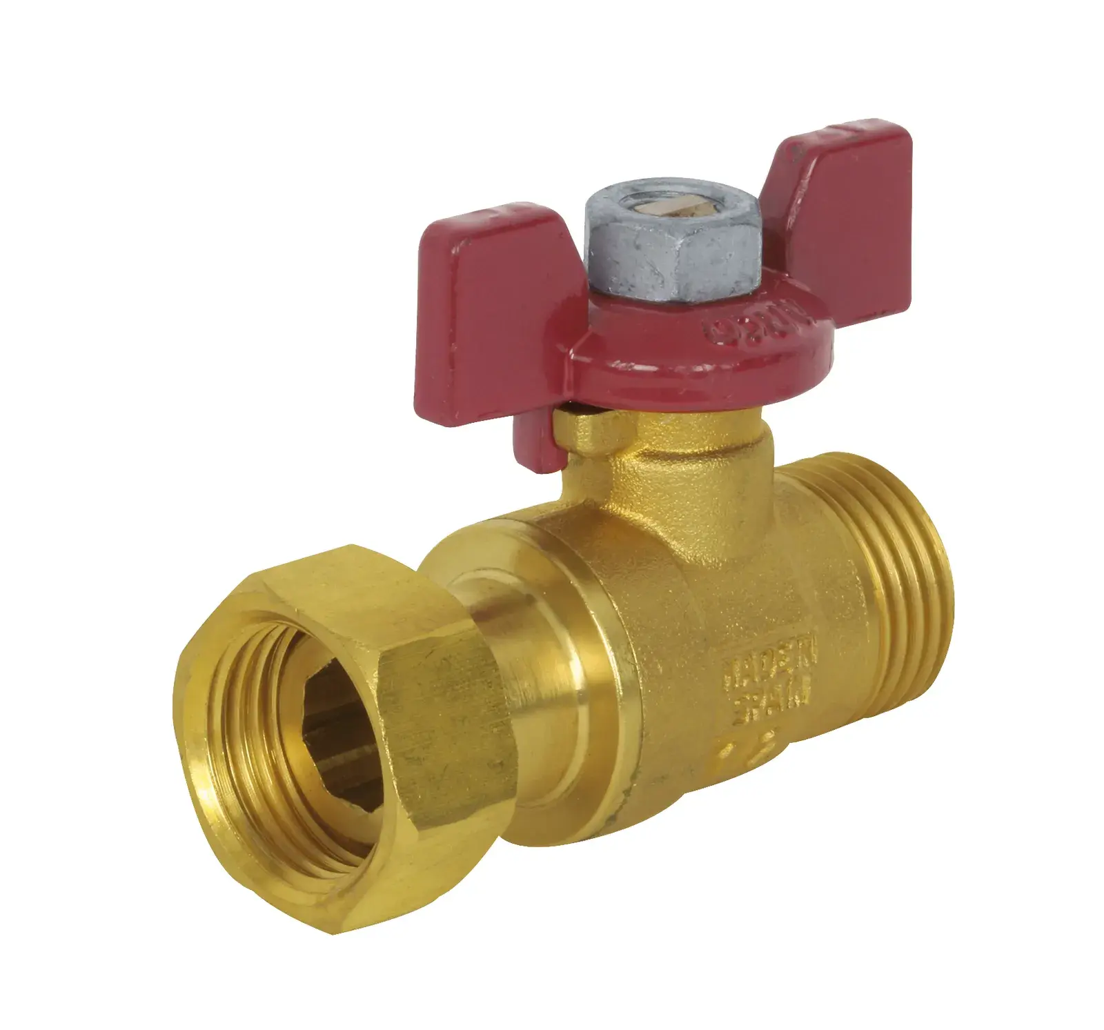 Brass-finish mini ball valve with red butterfly handle 1/2" M x 1/2" loose nut 02290