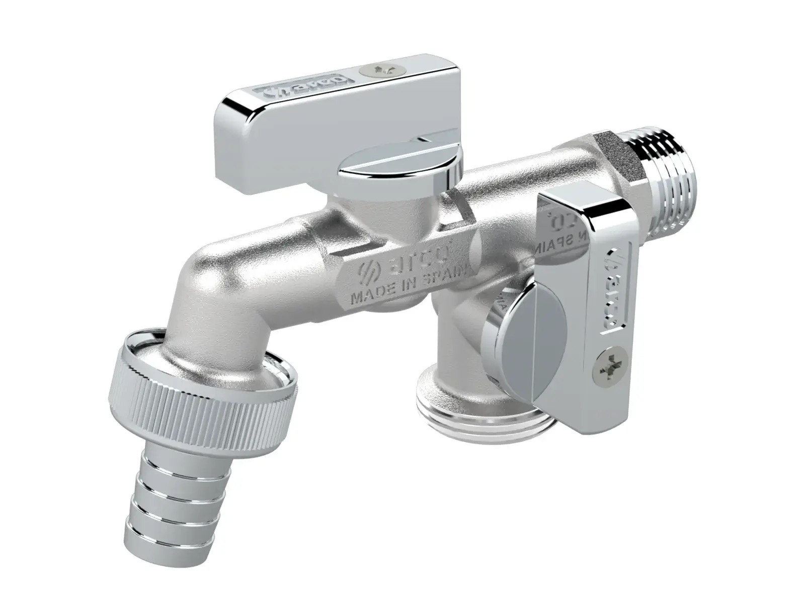 Double garden tap Nano Double with chrome handle 1/2" M x 2x 3/4" M, 15 mm polypropylene hose nozzle 00474