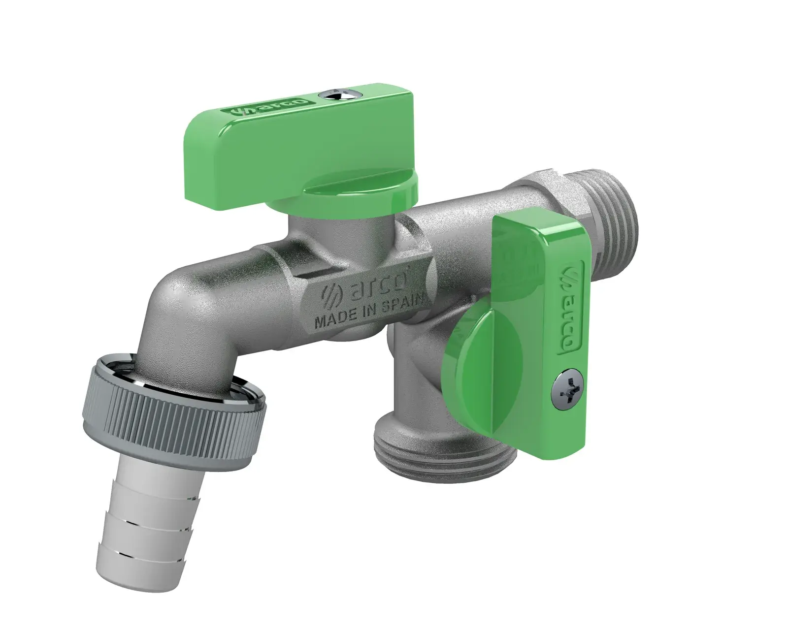 Double garden tap Nano Double with green handle 1/2" M x 2x 3/4" M, 15 mm hose nozzle 00472