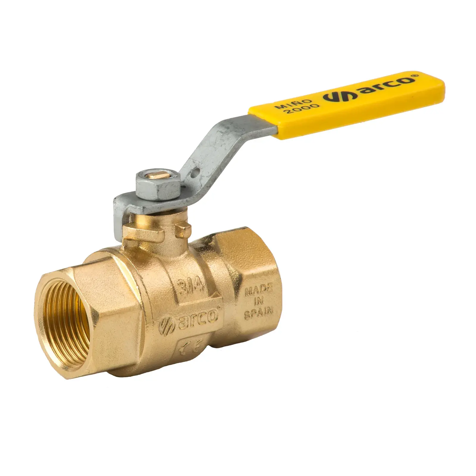 Gaskogelkraan Miño 650 messingkleur met hendel en gele kap 1 1/2" bi x 1 1/2" bi M1106