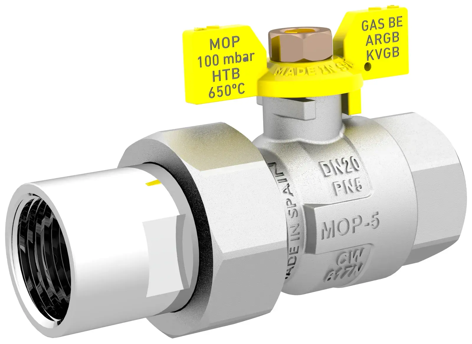 Verchroomde gaskogelkraan Miño 650 met koppeling en gele vlindergreep 3/4" bi x 3/4" bi P0123