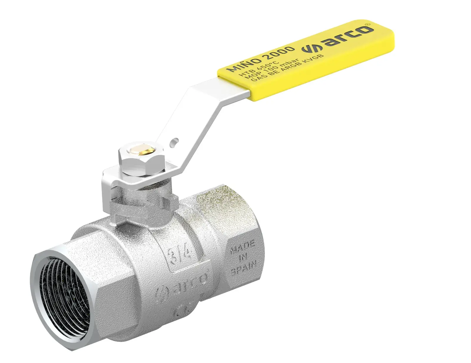 Verchroomde gaskogelkraan Miño 650 met hendel en gele kap 1 1/4" bi x 1 1/4" bi P0105