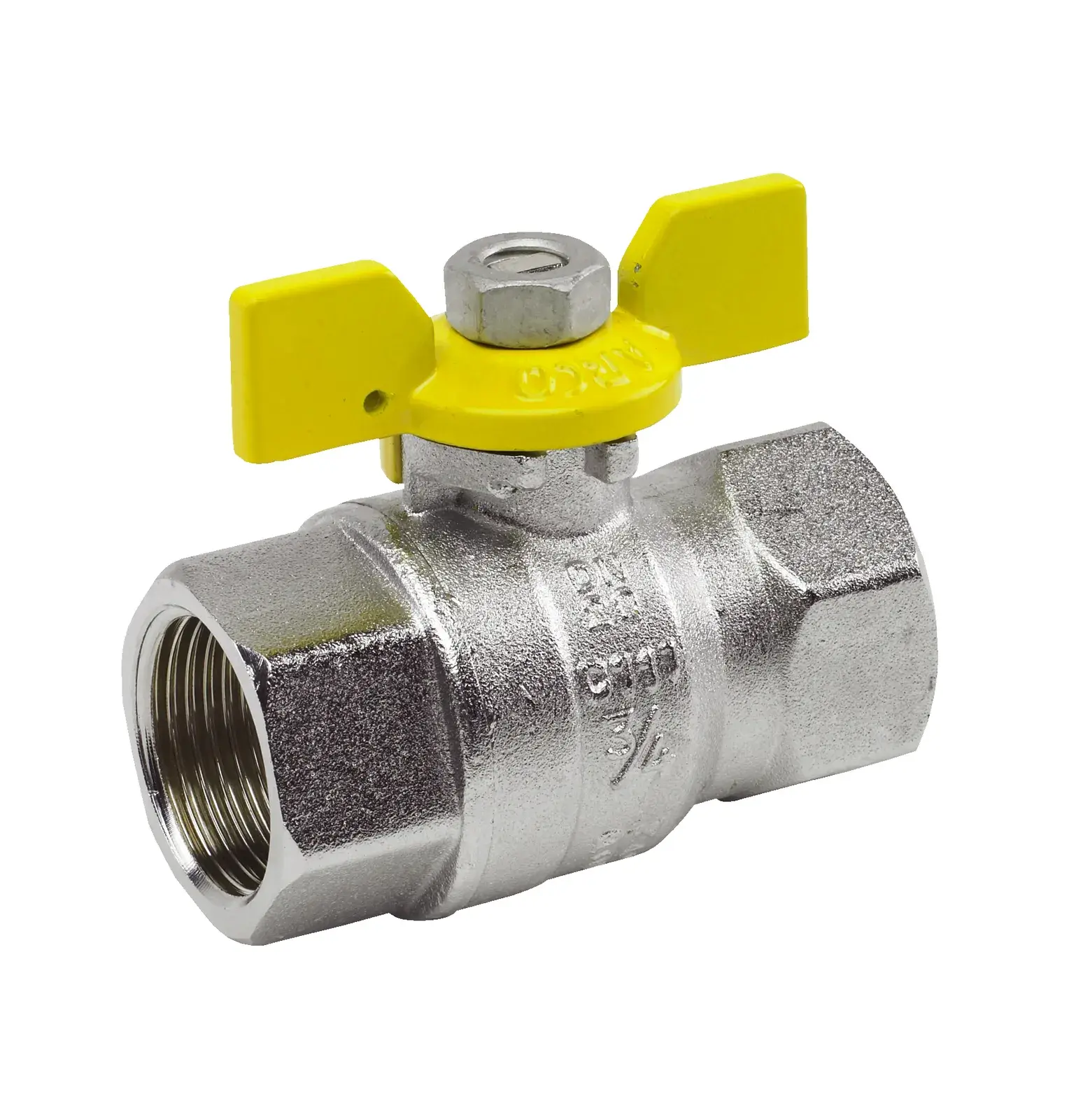 Verchroomde gaskogelkraan Miño 650 met gele vlindergreep 1/2" bi x 1/2" bi PM102