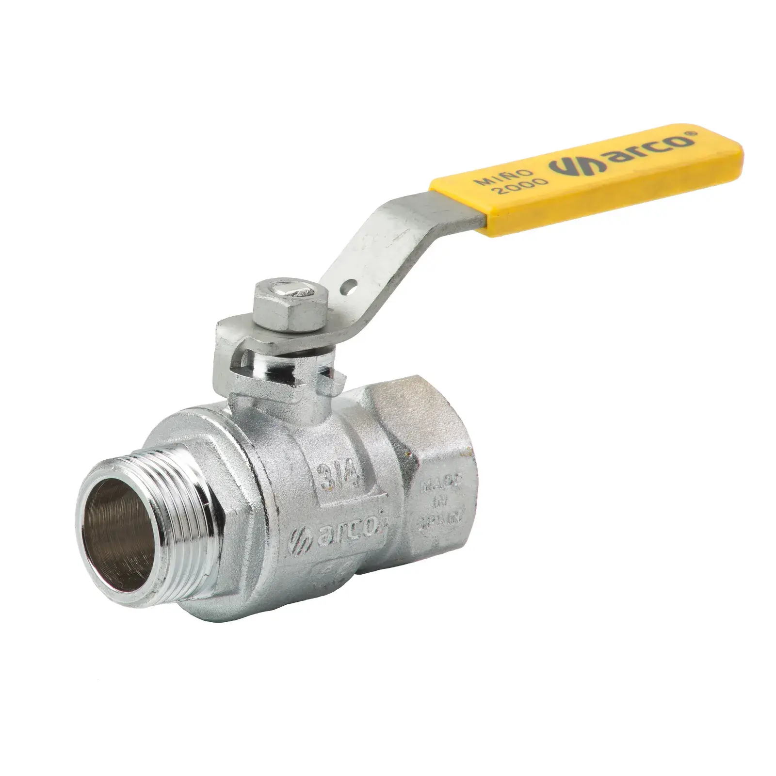 Verchroomde gaskogelkraan Miño 650 met hendel en gele kap 1" bu x 1" bi M1131CR