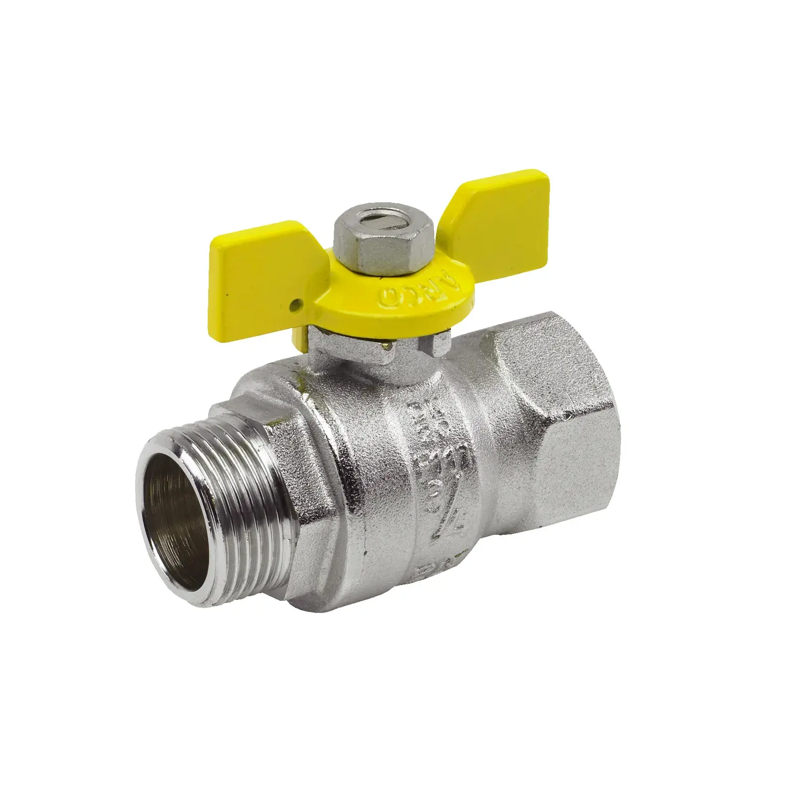 Verchroomde gaskogelkraan Miño 650 met gele vlindergreep 3/4" bu x 3/4" bi M1130CR