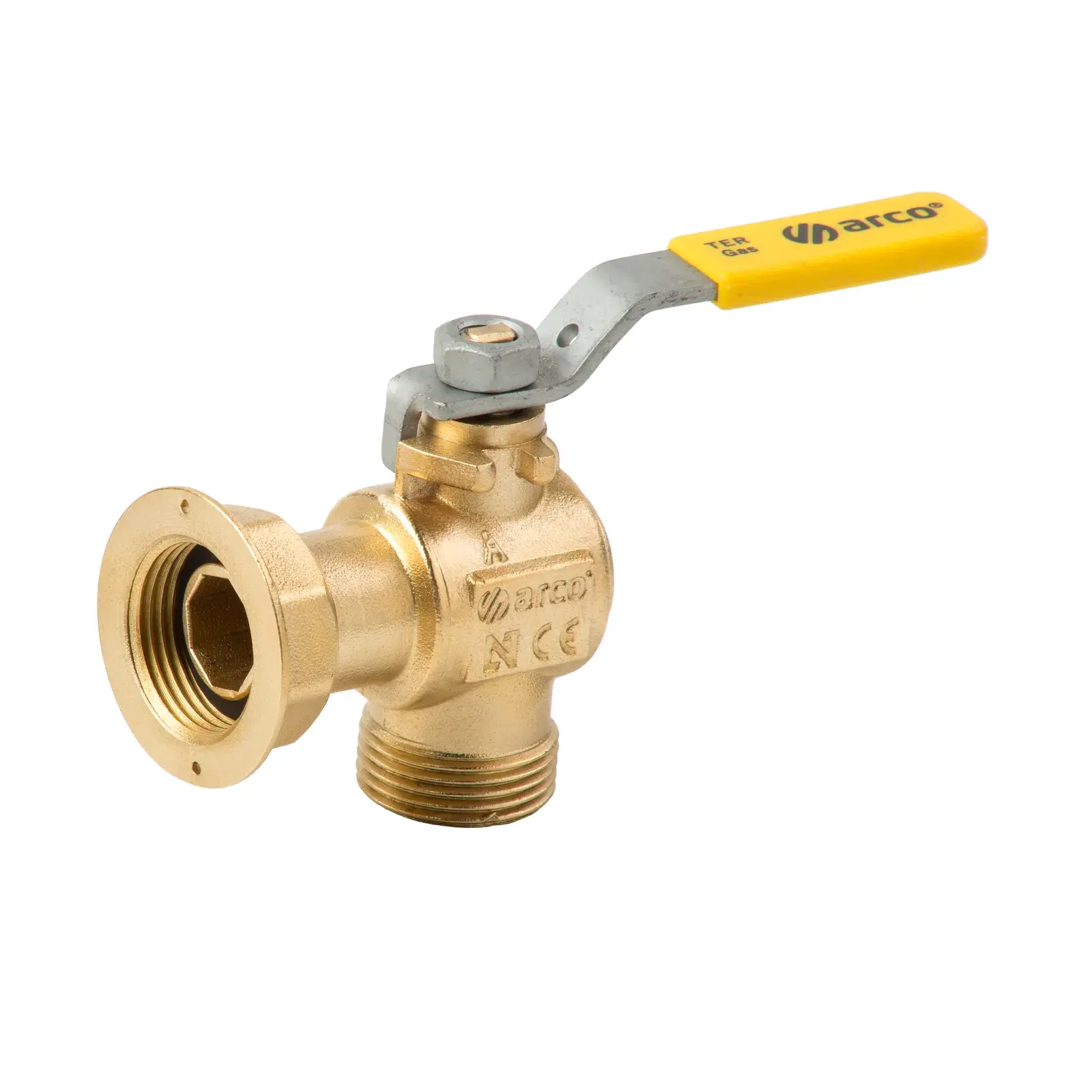 Haakse gasmeterkraan Ter met hendel en gele kap 7/8" bu x 7/8" wartel 00513
