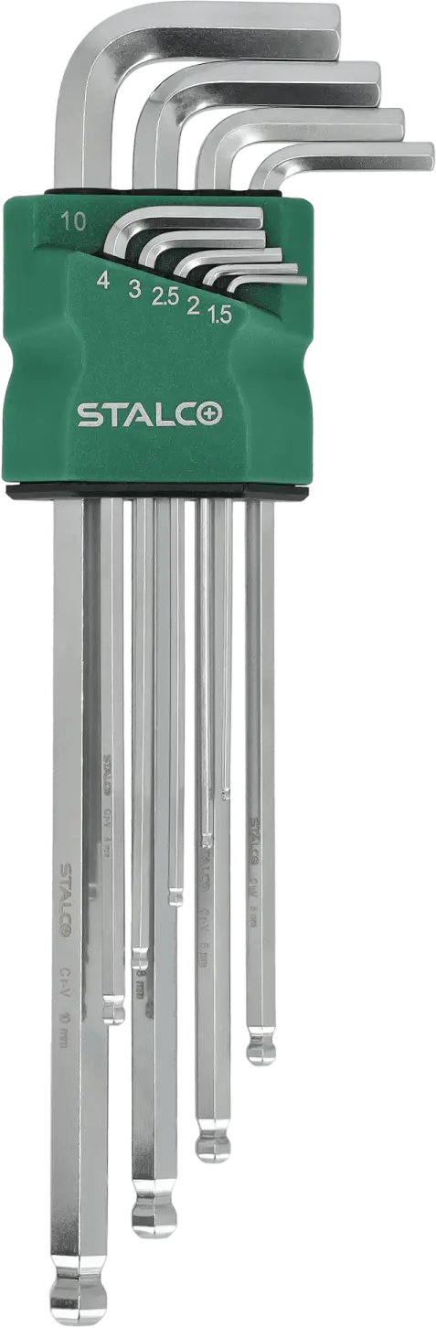 Long hexagonal wrenches, ball head Set 9 pcs CrV H1.5 - H2 - H2.5 - H3 - H4 - H5 - H6 - H8 - H10 STALCO S-48366