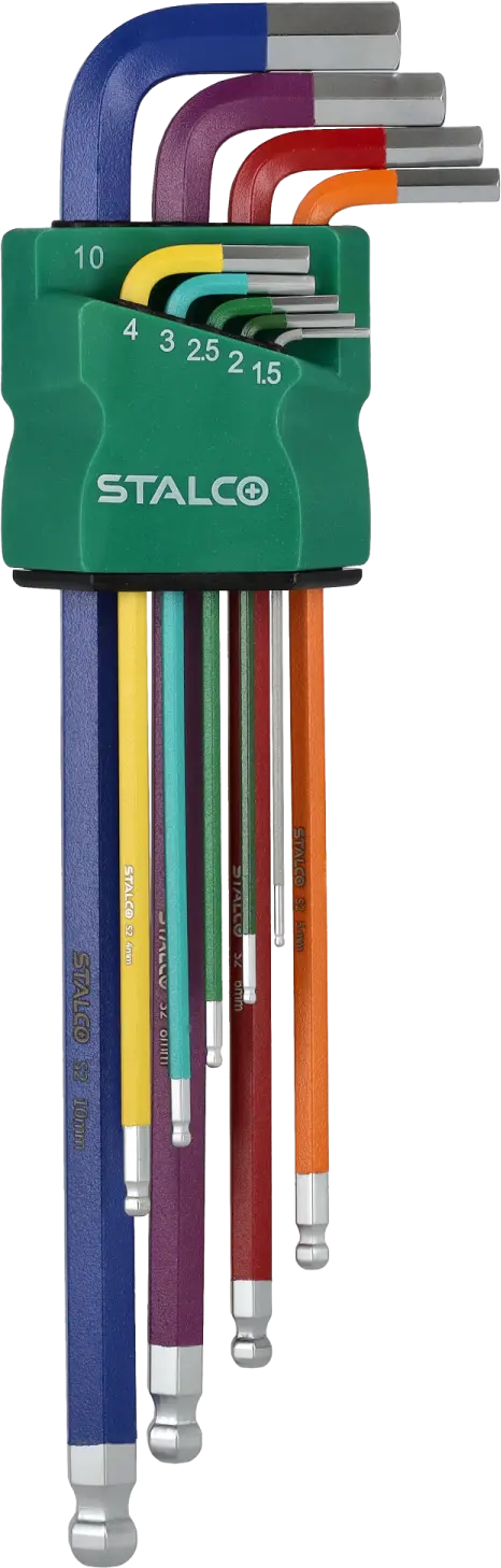 Hex key set extra long, S2 ball ended, rainbow colored 1.5 - 2 - 2.5 - 3 - 4 - 5 - 6 - 8 - 10mm STALCO S-46384